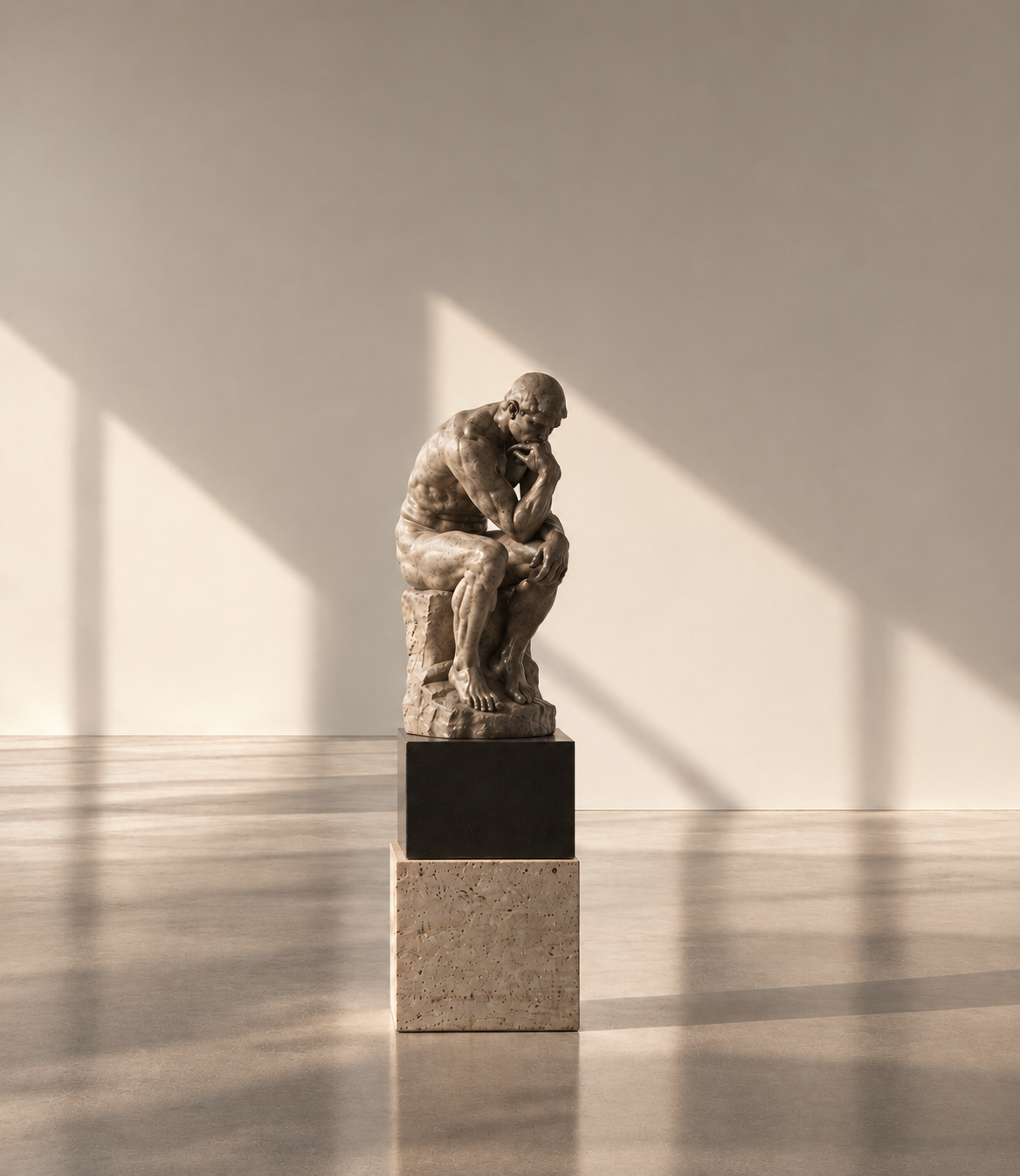 A marble Thinker sculpture on a pedestal in a sunlit gallery