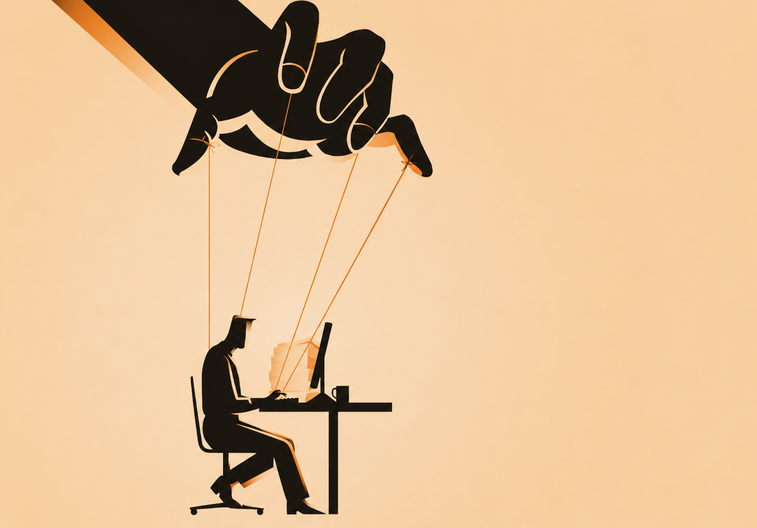 Illustration of a giant hand puppeteering a person at a computer