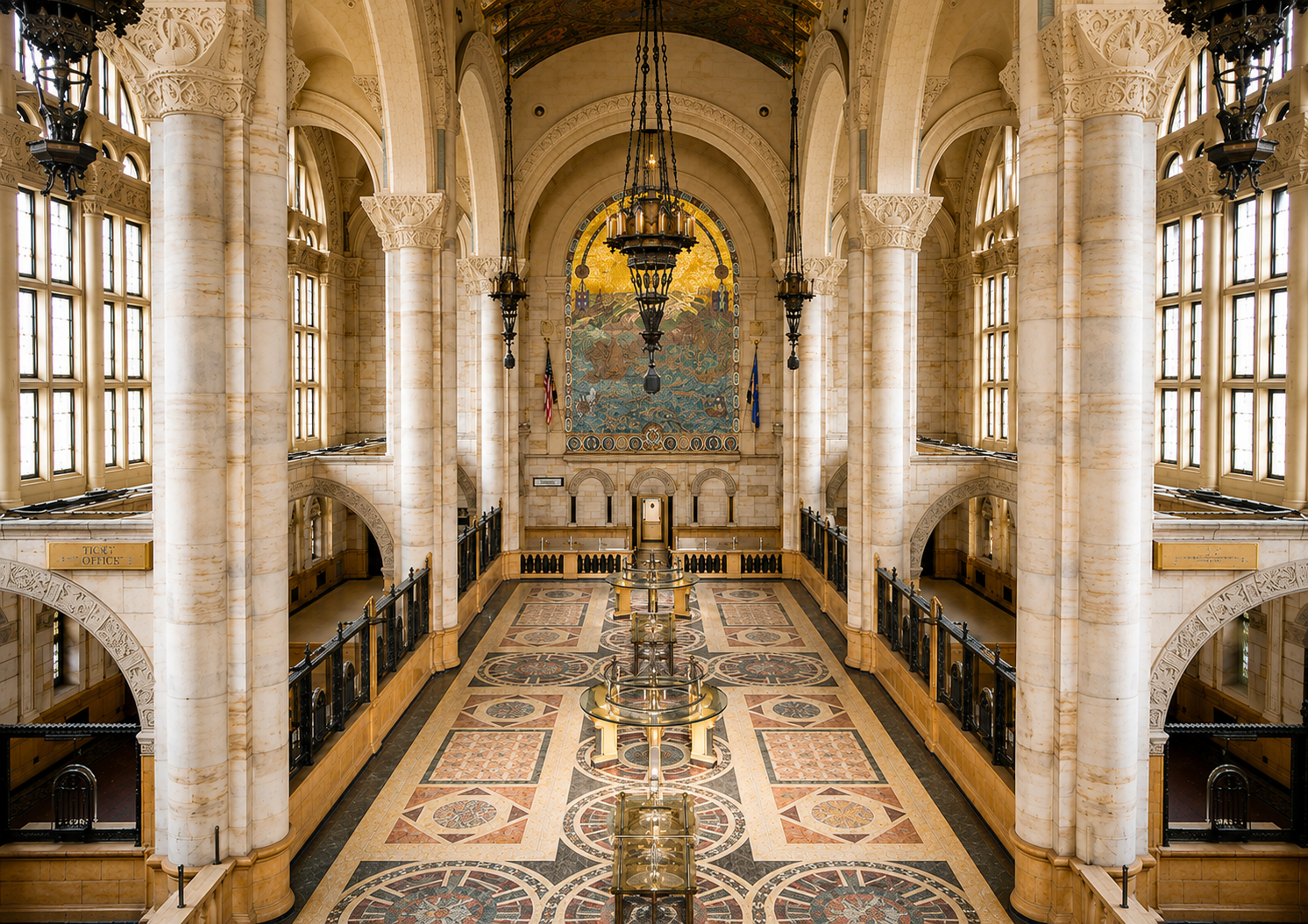 A grand mosaic-floored hall with vaulted glass ceiling — the setting for S26: The Finance Edition.